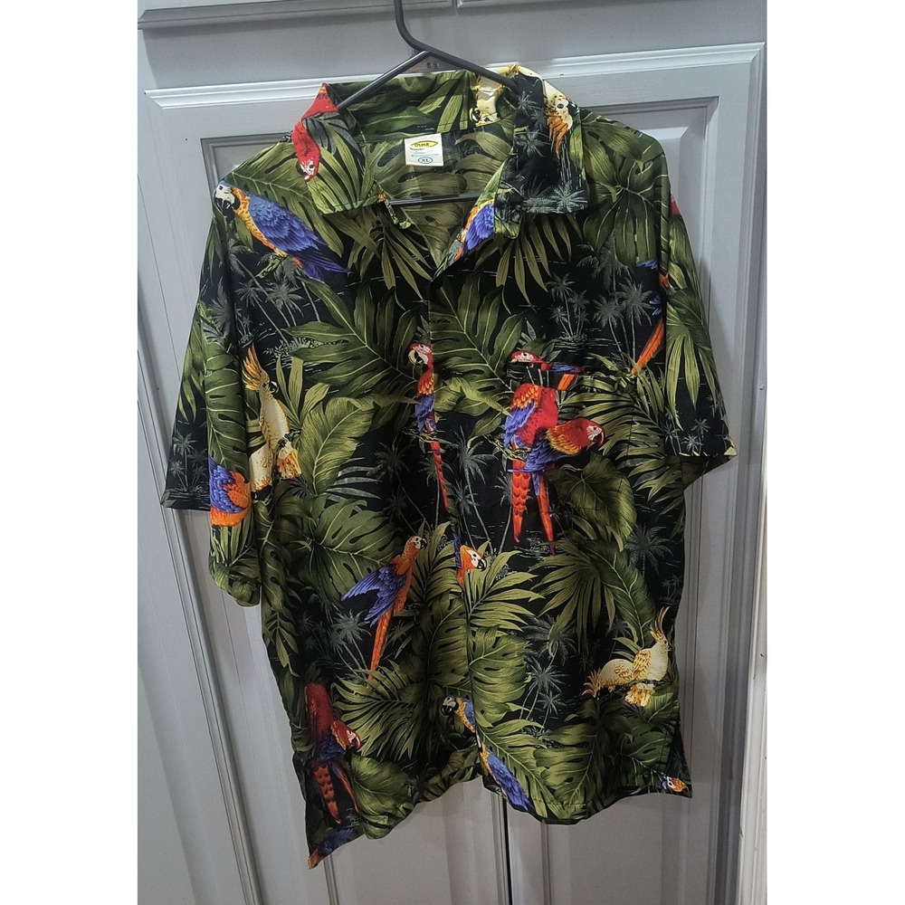 Rima Beachworld Mens XL Tropical Parrot Palm Hawaiian Camp Shirt Green Black